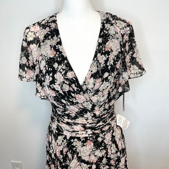Mac Duggal Floral Print Flutter Sleeve A Line Dress Gown Black 11266 Size 6 New - Picture 4 of 16